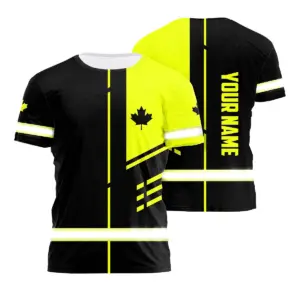 Hi Vis Shirt Reflective Tapes Lime Black And Canada Flag Custom Name Safety Workwear For Worker, Operator, Patriotic