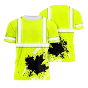 Hi Vis Shirt Reflective Tapes Lime Neon Canada Flag Custom Name Safety Workwear For Worker, Operator, Patriotic