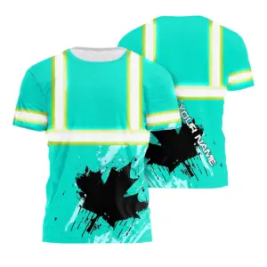 Hi Vis Shirt Reflective Tapes Mint Neon Canada Flag Custom Name Safety Workwear For Worker, Operator, Patriotic