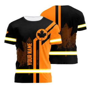 Hi Vis Shirt Reflective Tapes Orange Black Canada Flag Custom Name Safety Workwear For Worker, Operator, Patriotic