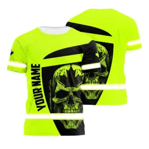Hi Vis Shirt Reflective Tapes Orange Black Skull And Canada Flag Custom Name Safety Workwear For Worker, Operator, Patriotic