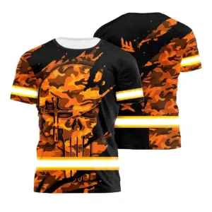 Hi Vis Shirt Reflective Tapes Orange Neon Camo Skull Custom Name Safety Workwear For Workers, Truckers, Operators