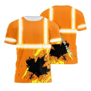 Hi Vis Shirt Reflective Tapes Orange Neon Canada Flag Custom Name Safety Workwear For Worker, Operator, Patriotic