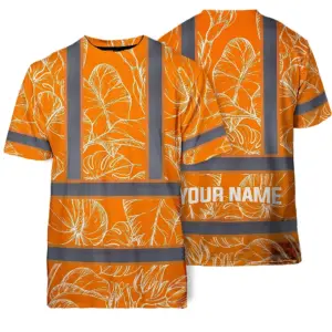 Hi Vis Shirt Reflective Tapes Orange Neon Flowers Custom Name Safety Workwear For Workers, Truckers, Operators