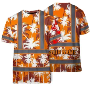 Hi Vis Shirt Reflective Tapes Orange Neon Flowers Custom Name Safety Workwear For Workers, Truckers, Operators