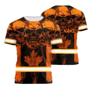 Hi Vis Shirt Reflective Tapes Orange Neon Skull Canada Flag Custom Name Safety Workwear For Worker, Operator, Patriotic