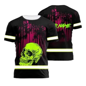 Hi Vis Shirt Reflective Tapes Pink Forest Green Skull Custom Name Safety Workwear For Workers, Truckers, Operators