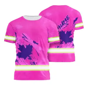 Hi Vis Shirt Reflective Tapes Pink Neon And Violet Canada Flag Custom Name Safety Workwear For Worker, Operator, Patriotic