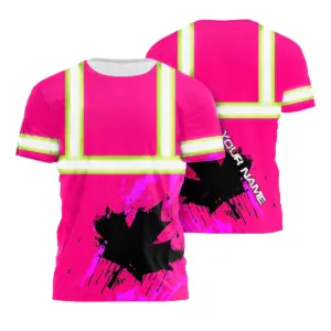 Hi Vis Shirt Reflective Tapes Pink Neon Canada Flag Custom Name Safety Workwear For Worker, Operator, Patriotic