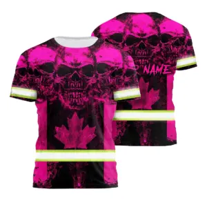 Hi Vis Shirt Reflective Tapes Pink Neon Skull Canada Flag Custom Name Safety Workwear For Worker, Operator, Patriotic