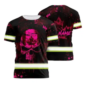 Hi Vis Shirt Reflective Tapes Pink Neon Skull With Canada Flag Custom Name Safety Workwear For Worker, Operator, Patriotic
