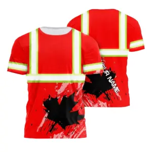 Hi Vis Shirt Reflective Tapes Red Neon Canada Flag Custom Name Safety Workwear For Worker, Operator, Patriotic