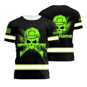 Hi Vis Shirt Reflective Tapes Skull Excavator Custom Name Safety Workwear For Workers, Truckers, Operators