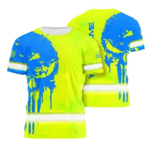 Hi Vis Shirt Reflective Tapes Skull Green Neon And Blue Custom Name Safety Workwear For Workers, Truckers, Operators