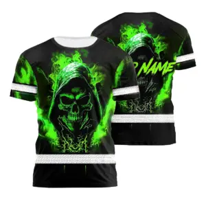 Hi Vis Shirt Reflective Tapes Skull Green Neon Fume Custom Name Safety Workwear For Workers, Truckers, Operators