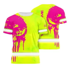 Hi Vis Shirt Reflective Tapes Skull Lime Yellow And Pink Neon Custom Name Safety Workwear For Workers, Truckers, Operators