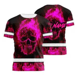 Hi Vis Shirt Reflective Tapes Skull Pink Violet Fire Custom Name Safety Workwear For Workers, Truckers, Operators