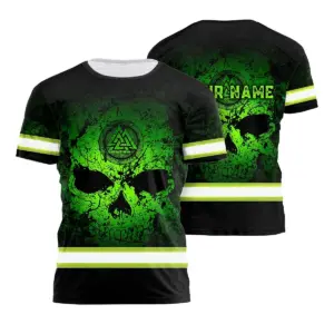 Hi Vis Shirt Reflective Tapes Skull Viking Symbol Green Neon Custom Name Safety Workwear For Workers, Truckers, Operators