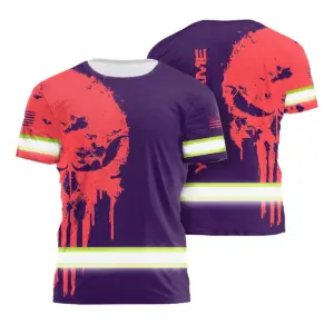 Hi Vis Shirt Reflective Tapes Skull Violet Neon And Pink Custom Name Safety Workwear For Workers, Truckers, Operators