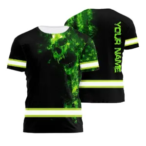 Hi Vis Shirt Reflective Tapes US Flag Skull Custom Name Safety Workwear For Workers, Truckers, Operators