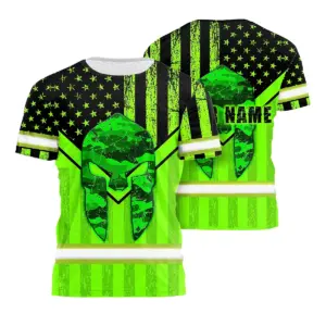 Hi Vis Shirt Reflective Tapes US Flag Skull Patriotic Custom Name Safety Workwear For Workers, Truckers, Operators