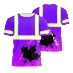 Hi Vis Shirt Reflective Tapes Violet Neon Canada Flag Custom Name Safety Workwear For Worker, Operator, Patriotic