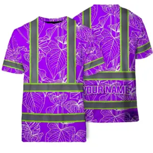 Hi Vis Shirt Reflective Tapes Violet Neon Flowers Custom Name Safety Workwear For Workers, Truckers, Operators