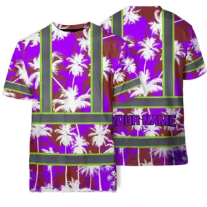 Hi Vis Shirt Reflective Tapes Violet Neon Flowers Custom Name Safety Workwear For Workers, Truckers, Operators