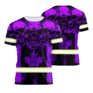 Hi Vis Shirt Reflective Tapes Violet Neon Skull Canada Flag Custom Name Safety Workwear For Worker, Operator, Patriotic