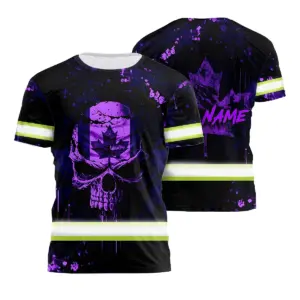 Hi Vis Shirt Reflective Tapes Violet Neon Skull With Canada Flag Custom Name Safety Workwear For Worker, Operator, Patriotic