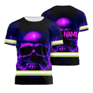 Hi Vis Shirt Reflective Tapes Violet Smoke Skull Custom Name Safety Workwear For Workers, Truckers, Operators