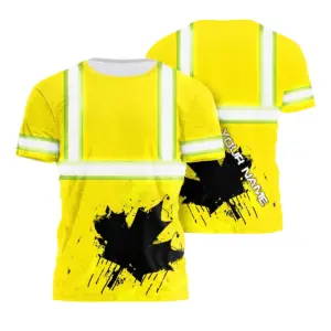 Hi Vis Shirt Reflective Tapes Yellow Neon Canada Flag Custom Name Safety Workwear For Worker, Operator, Patriotic