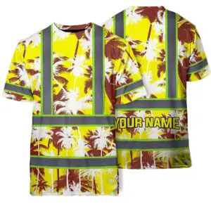Hi Vis Shirt Reflective Tapes Yellow Neon Flowers Custom Name Safety Workwear For Workers, Truckers, Operators