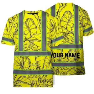 Hi Vis Shirt Reflective Tapes Yellow Neon Flowers Custom Name Safety Workwear For Workers, Truckers, Operators