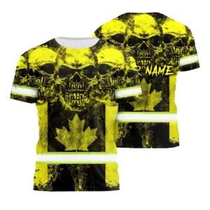 Hi Vis Shirt Reflective Tapes Yellow Neon Skull Canada Flag Custom Name Safety Workwear For Worker, Operator, Patriotic
