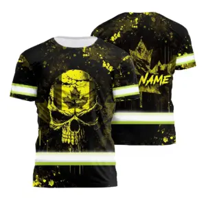 Hi Vis Shirt Reflective Tapes Yellow Neon Skull With Canada Flag Custom Name Safety Workwear For Worker, Operator, Patriotic