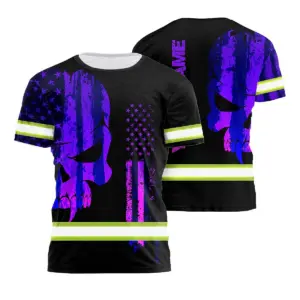 Hi Vis Shirt Reflective Violet Neon Strong Skull US Flag Custom Name Safety Workwear For Workers, Truckers, Operators