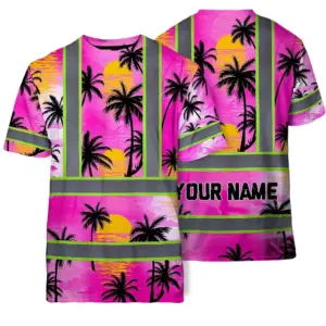 Hi Vis T Shirt Reflective Tapes Pink Neon Flowers Custom Name