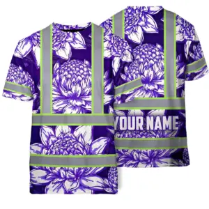 Hi Vis T Shirt Reflective Tapes Violet Neon White Protea Custom Name Safety Workwear For Workers, Truckers, Operators