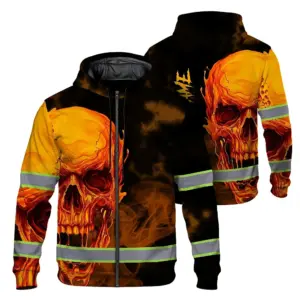 Hi Vis Zip Hoodie Reflective Tapes Black And Orange Skull Custom Name Safety Workwear For Workers, Truckers, Operators
