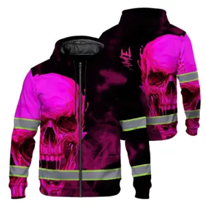 Hi Vis Zip Hoodie Reflective Tapes Black And Pink Neon Skull Custom Name Safety Workwear For Workers, Truckers, Operators