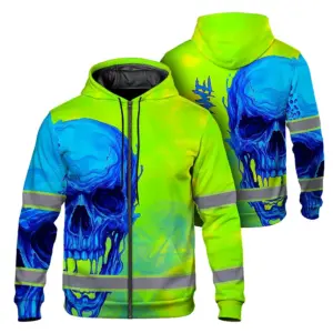 Hi Vis Zip Hoodie Reflective Tapes Blue Green Skull Custom Name Safety Workwear For Workers, Truckers, Operators