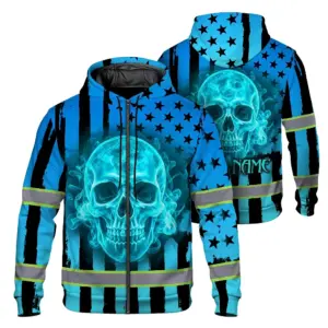 Hi Vis Zip Hoodie Reflective Tapes Blue Neon US Flag Custom Name Safety Workwear For Workers, Truckers, Operators