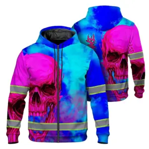 Hi Vis Zip Hoodie Reflective Tapes Blue Pink Skull Custom Name Safety Workwear For Workers, Truckers, Operators