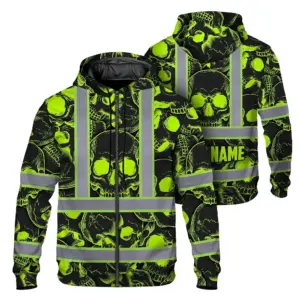 Hi Vis Zip Hoodie Reflective Tapes Green Neon Black Skull Custom Name Safety Workwear For Workers, Truckers, Operators