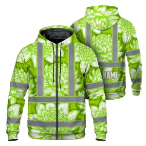 Hi Vis Zip Hoodie Reflective Tapes Green Neon White Protea Custom Name Safety Workwear For Workers, Truckers, Operators