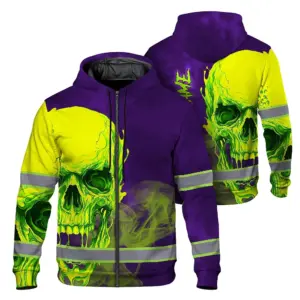 Hi Vis Zip Hoodie Reflective Tapes Green Violet Skull Custom Name Safety Workwear For Workers, Truckers, Operators
