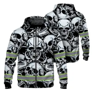 Hi Vis Zip Hoodie Reflective Tapes Grey Black Skull Custom Name Safety Workwear For Workers, Truckers, Operators