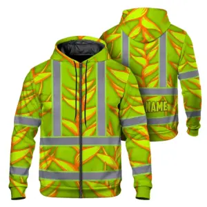 Hi Vis Zip Hoodie Reflective Tapes Orange Neon Lime Heliconia Custom Name Safety Workwear For Workers, Truckers, Operators