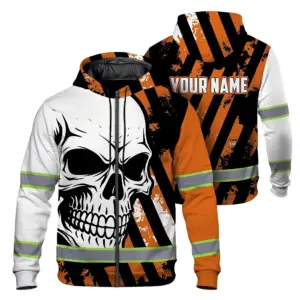 Hi Vis Zip Hoodie Reflective Tapes Orange Neon Skull Custom Name Safety Workwear For Bikers, Workers, Truckers, Operators